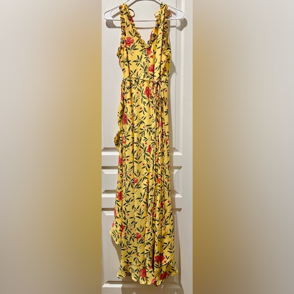 Lulu’s Blossoming Heart Yellow Floral Print Ruffled High-Low Wrap Dress - Picture 7 of 10